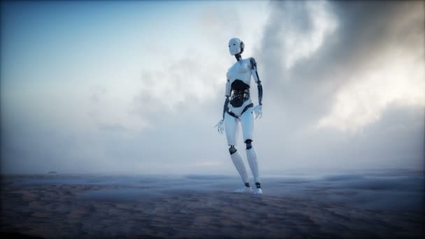 女性ロボットと未来都市の背景。未来のコンセプト。現実的な4kアニメーション. — ストック動画