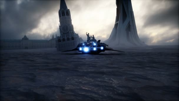 Futurystyczny statek lądujący na apokaliptycznej rosyjskiej pustyni. Realistyczna animacja 4k. — Wideo stockowe