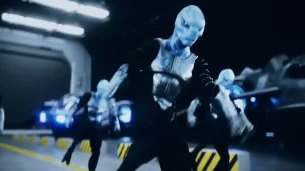 面白い軍事宇宙人は軍事宇宙基地で踊ります。現実的な4kアニメーション. — ストック動画