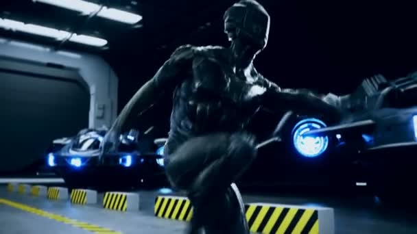 Gelecekçi askeri uzay askeri askeri askeri uzay üssünde dans ediyor. Gerçekçi 4k animasyonu. — Stok video