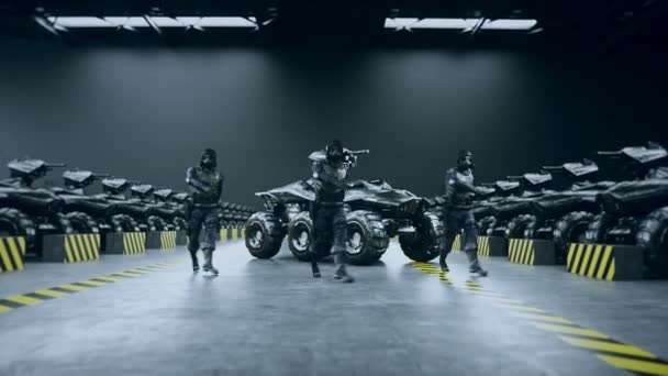Futurystyczny żołnierz tańczy w bazie wojskowej. Realistyczna animacja 4k. — Wideo stockowe