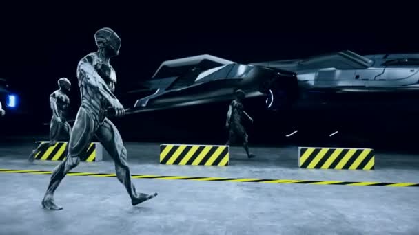 Soldati futuristici dello spazio militare camminano nella base spaziale mitaria. Animazione realistica 4k. — Video Stock