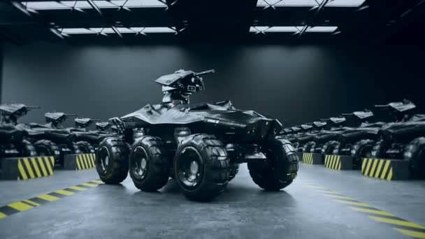 Футуристические военные танки на военной базе. Реалистичная анимация 4k. — стоковое видео