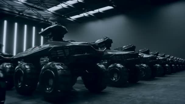 Carri armati futuristici nella base militare. Animazione realistica 4k. — Video Stock