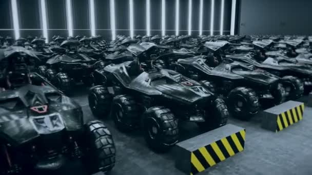Futuristische militaire tanks in militaire basis. Realistische 4k animatie. — Stockvideo