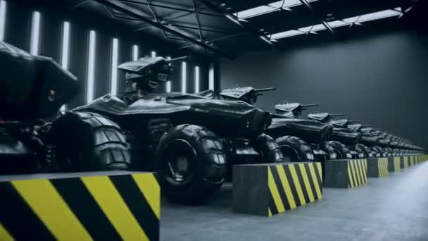 Askeri üste gelecekteki askeri tanklar. Gerçekçi 4k animasyonu. — Stok video