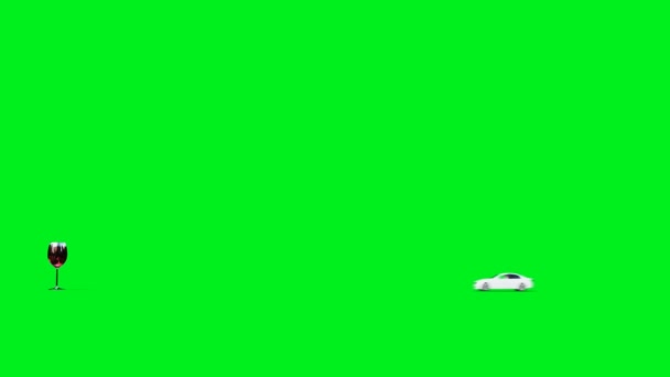 Bílé generické 3D auto narazí do láhve alchololu. Koncept střízlivého řidiče. Animace zelené obrazovky 4k. — Stock video