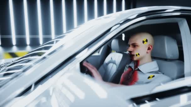 Generieke 3d auto-ongeluk test met mensen bestuurder. Auto vernietiging. Realistische 4k animatie. — Stockvideo