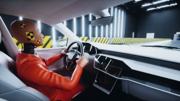 Genesis 3d краш-тест автомобиля с манекеном краш-теста. Уничтожение машины. Реалистичная анимация 4k. — стоковое видео