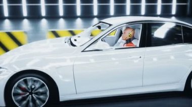 Çarpışma mankeni ile standart 3D araba kazası testi. Araba tahribatı. Gerçekçi 4k animasyonu.