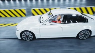 Çarpışma mankeni ile standart 3D araba kazası testi. Araba tahribatı. Gerçekçi 4k animasyonu.