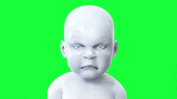 Ondskefullt talande robot baby, barn. Grön skärm realistisk animation. — Stockvideo