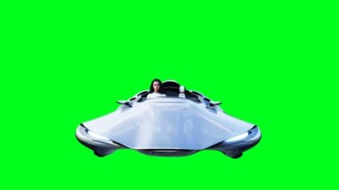 Uçan fütürist bilim kurgu arabalı genç kız. Gerçekçi 4k yeşil ekran animasyonu. İzole et.