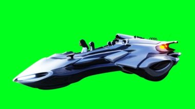 Uçan fütürist bilim kurgu arabalı genç kız. Gerçekçi 4k yeşil ekran animasyonu. İzole et