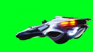 Uçan fütürist bilim kurgu arabalı genç kız. Gerçekçi 4k yeşil ekran animasyonu. İzole et