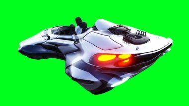 Uçan fütürist bilim kurgu arabalı genç kız. Gerçekçi 4k yeşil ekran animasyonu. İzole et