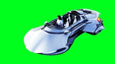 Uçan fütürist bilim kurgu arabalı genç kız. Gerçekçi 4k yeşil ekran animasyonu. İzole et