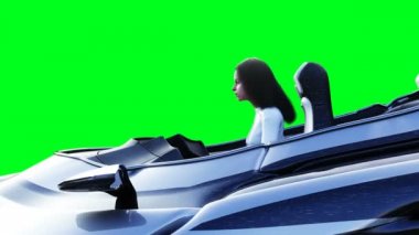 Uçan fütürist bilim kurgu arabalı genç kız. Gerçekçi 4k yeşil ekran animasyonu. İzole et