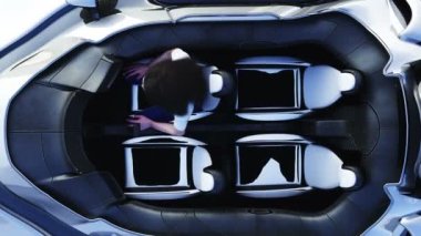 Uçan fütürist bilim kurgu arabalı genç kız. Gerçekçi 4k yeşil ekran animasyonu. İzole et