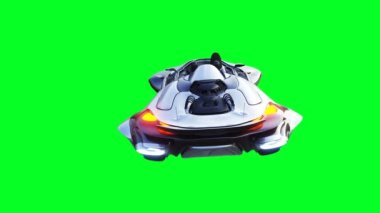 Uçan fütürist bilim kurgu arabalı genç kız. Gerçekçi 4k yeşil ekran animasyonu. İzole et