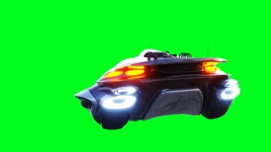 Uçan fütürist bilim kurgu arabalı genç kız. Gerçekçi 4k yeşil ekran animasyonu. İzole et