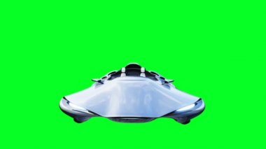 Uçan fütürist bilim kurgu arabalı genç kız. Gerçekçi 4k yeşil ekran animasyonu. İzole et