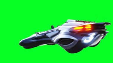 Fütürist bilim kurgu uçan araba. Gerçekçi 4k yeşil ekran animasyonu. İzole et.