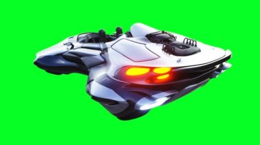 Fütürist bilim kurgu uçan araba. Gerçekçi 4k yeşil ekran animasyonu. İzole et.