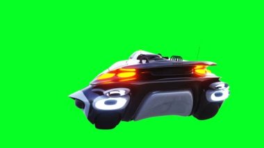 Fütürist bilim kurgu uçan araba. Gerçekçi 4k yeşil ekran animasyonu. İzole et.