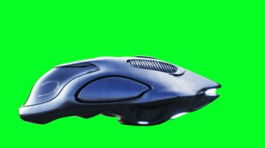 Fütürist bilim kurgu uçan araba. Gerçekçi 4k yeşil ekran animasyonu. İzole et.