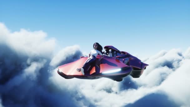 Mladá dívka na létajícím autě v oblacích. Budoucí koncept. Realistická animace 4k. — Stock video
