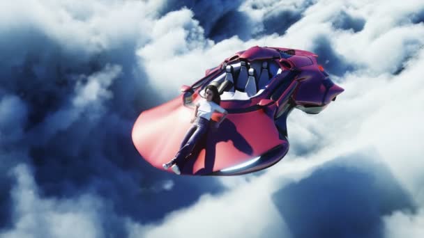 Jong meisje op een vliegende auto in de wolken. Toekomstconcept. Realistische 4k animatie. — Stockvideo