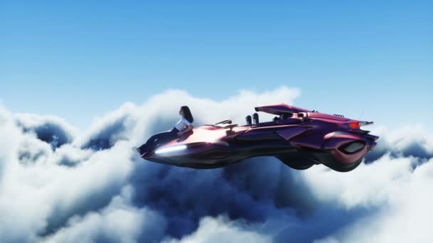 Ung flicka på en flygande bil i molnen. Framtida koncept. Realistisk 4k-animation. — Stockvideo