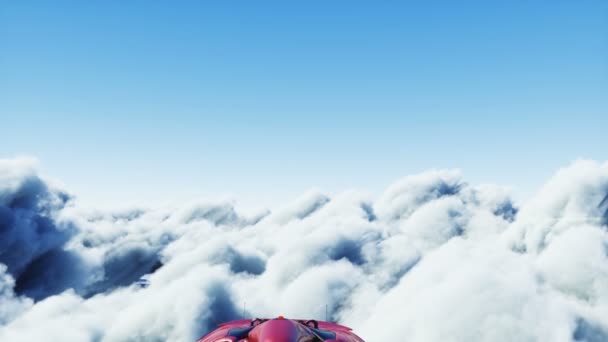 Ung flicka på en flygande bil i molnen. Framtida koncept. Realistisk 4k-animation. — Stockvideo