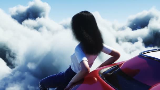 Jeune fille sur une voiture volante dans les nuages. Concept futur. Animation réaliste 4k. — Video