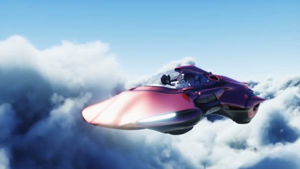 Młoda dziewczyna w latającym samochodzie w chmurach. Koncepcja przyszłości. Realistyczna animacja 4k. — Wideo stockowe
