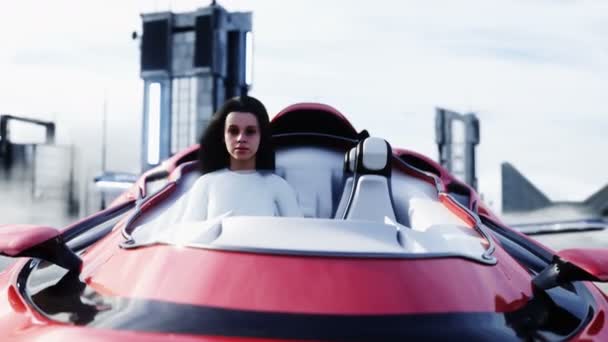 Mladá dívka na létajícím autě v futuristickém městě. Přes mraky. Budoucí koncept. Realistická animace 4k. — Stock video