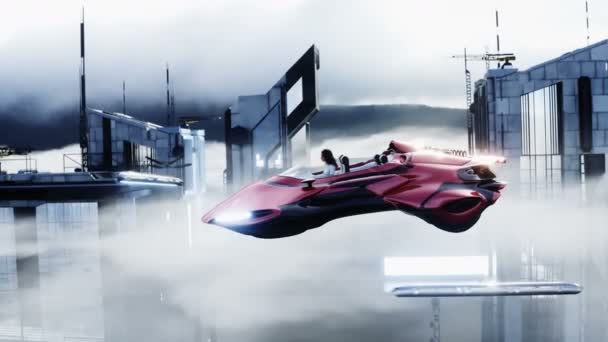 Jeune fille sur une voiture volante dans la ville futuriste. Sur les nuages. Concept futur. Animation réaliste 4k. — Video