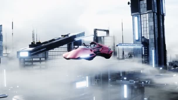 Fiatal lány egy repülő autóval a futurisztikus városban. A felhők felett. Jövőbeli koncepció. Realisztikus 4k animáció. — Stock videók