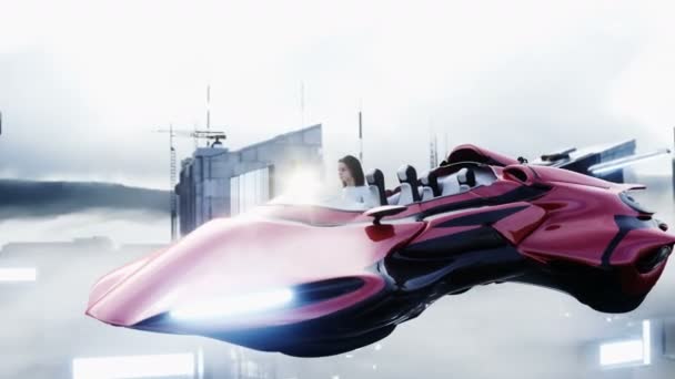Młoda dziewczyna na latającym samochodzie w futurystycznym mieście. Przez chmury. Koncepcja przyszłości. Realistyczna animacja 4k. — Wideo stockowe