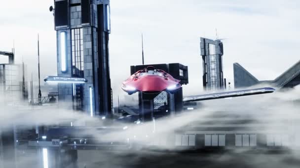 Молода дівчина на літаючій машині в футуристичному місті. Над хмарами. Концепція майбутнього. Реалістична анімація 4k . — стокове відео