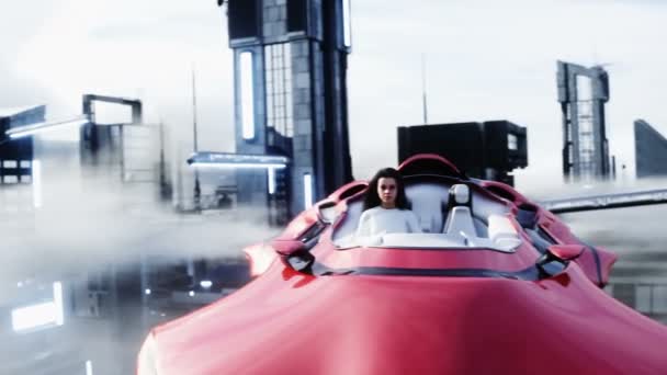 Ένα νεαρό κορίτσι σε ένα ιπτάμενο αυτοκίνητο στη φουτουριστική πόλη. Πάνω από σύννεφα. Μελλοντική ιδέα. Ρεαλιστικό animation 4k. — Αρχείο Βίντεο