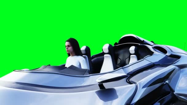 Mladá dívka v létajícím futuristickém sci-fi autě. Realistická 4k zelená animace obrazovky. Izolovat — Stock video