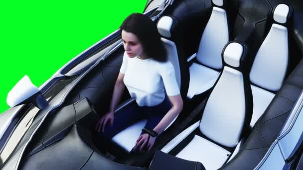 Chica joven en vuelo futurista sci fi coche. Animación realista de pantalla verde 4k. Aislar — Vídeos de Stock