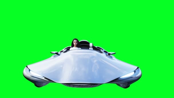 Νεαρή κοπέλα σε ιπτάμενο φουτουριστικό αυτοκίνητο επιστημονικής φαντασίας. Ρεαλιστική 4k πράσινη οθόνη animation. Απομόνωση — Αρχείο Βίντεο