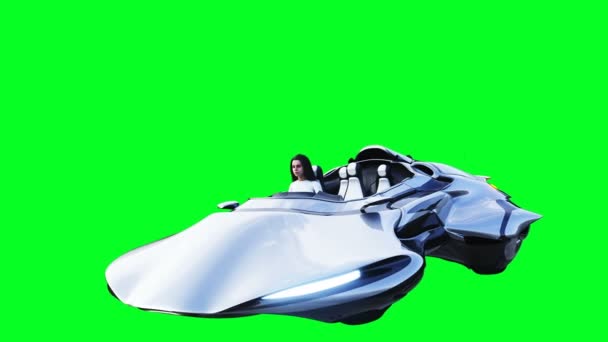 Νεαρή κοπέλα σε ιπτάμενο φουτουριστικό αυτοκίνητο επιστημονικής φαντασίας. Ρεαλιστική 4k πράσινη οθόνη animation. Απομόνωση — Αρχείο Βίντεο