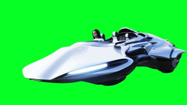 Młoda dziewczyna w latającym futurystycznym samochodzie sci fi. Realistyczna animacja zielonego ekranu 4k. Izolacja — Wideo stockowe