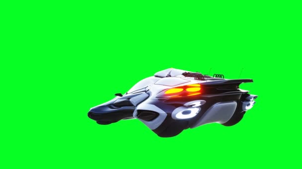 Futuristiska sci fi flygande bil. Realistisk 4k grön skärm animation. Isolat. — Stockvideo