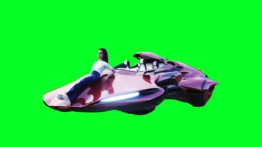 Uçan fütürist bilim kurgu arabalı genç kız. Gerçekçi 4k yeşil ekran animasyonu. İzole et.