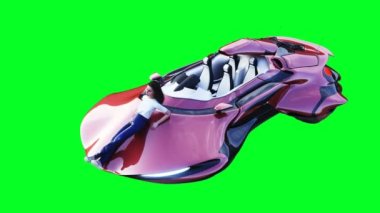 Uçan fütürist bilim kurgu arabalı genç kız. Gerçekçi 4k yeşil ekran animasyonu. İzole et.
